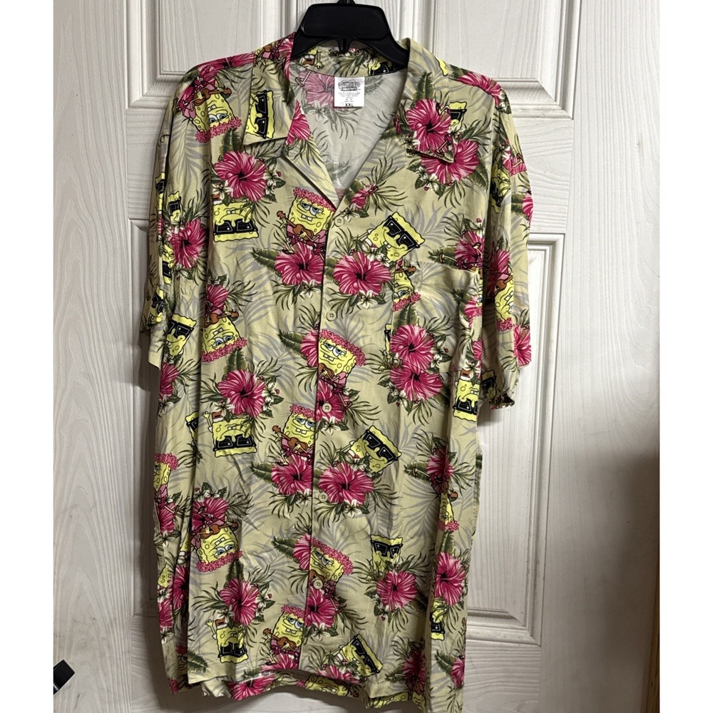 SpongeBob SquarePants Hawaiian Print Rayon Button Shirt Mens XXL Nickelodeon
